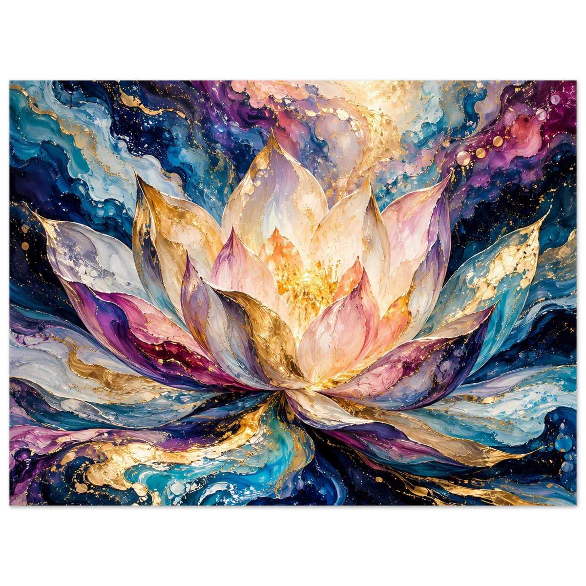 Blumenposter mit Lotusblüte in Nahansicht, glühendes Zentrum und blaue, violette Farbwirbel
