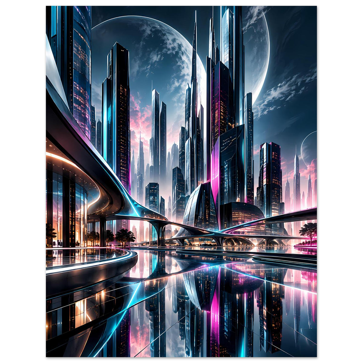 Poster mit futuristischen Gebäuden, violetten Neonlichtern und reflektierendem Wasser