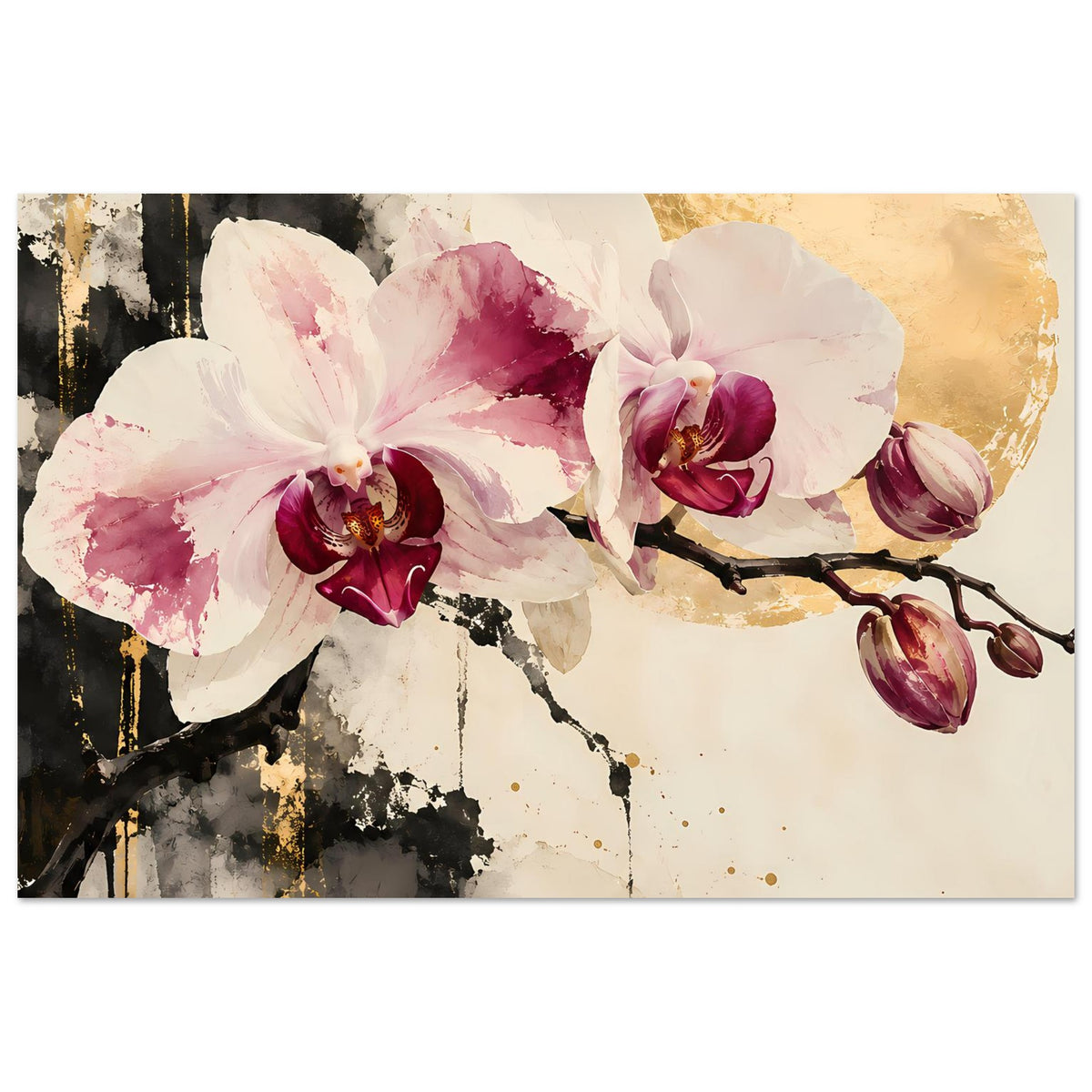 Blumenposter: Orchideen mit großen weißen Blüten und rosa Akzenten, goldene Details