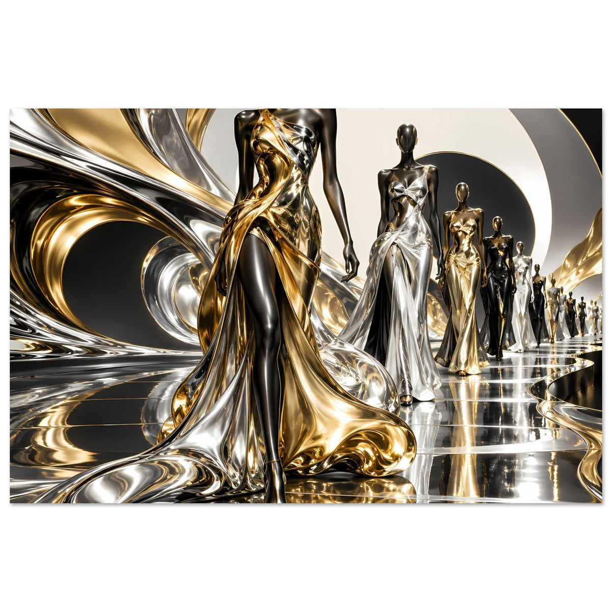 Gold- und Silberfarbenes Poster mit abstrakter Figurengruppe, goldenen Akzenten und Reflexionen