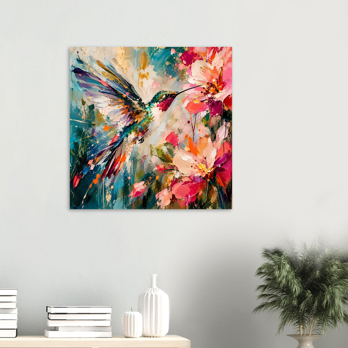 Quadratisches Poster mit Kolibri und Blüten, abstrakte Farbmalerei, gerahmt