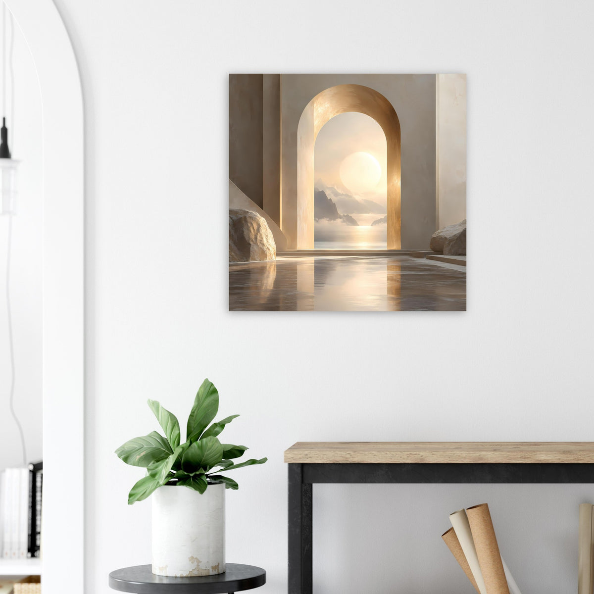 Wandposter mit beleuchtetem Torbogen, warmem Sonnenuntergang und Wasserreflexen