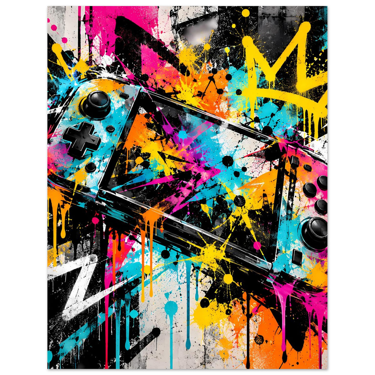 Gaming-Graffiti-Poster im Hochformat, Controller-Elemente, bunte Spritzer und schwarze Schriftformen