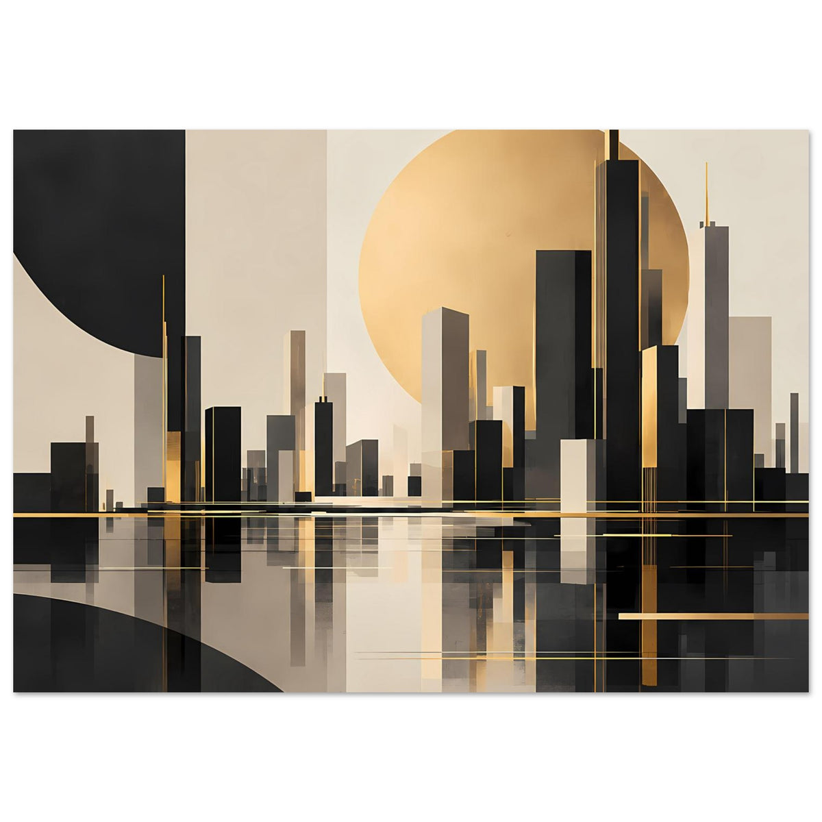 Poster: abstrakte Skyline in Gold, Schwarz und Beige mit spiegelnder Wasserfläche