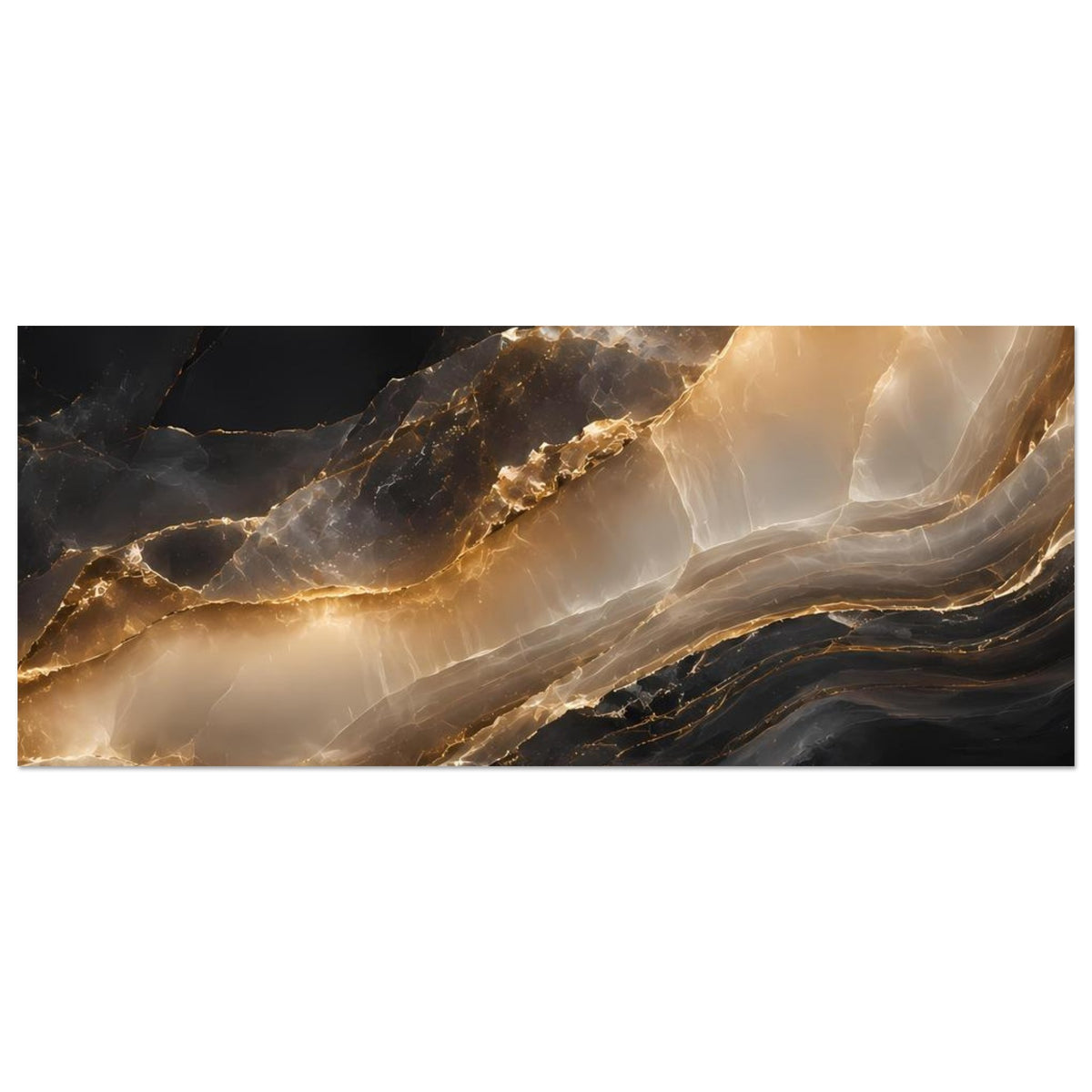 Horizontales Marmor-Abstract-Poster: dunkle Steinflächen mit goldenen Lichtadern