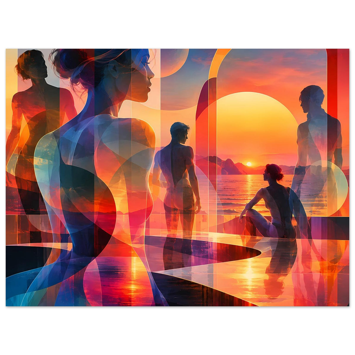 Großes Kunstposter mit abstraktem Sonnenuntergang, Silhouetten im Orange-Blau-Look und rotem Bogen