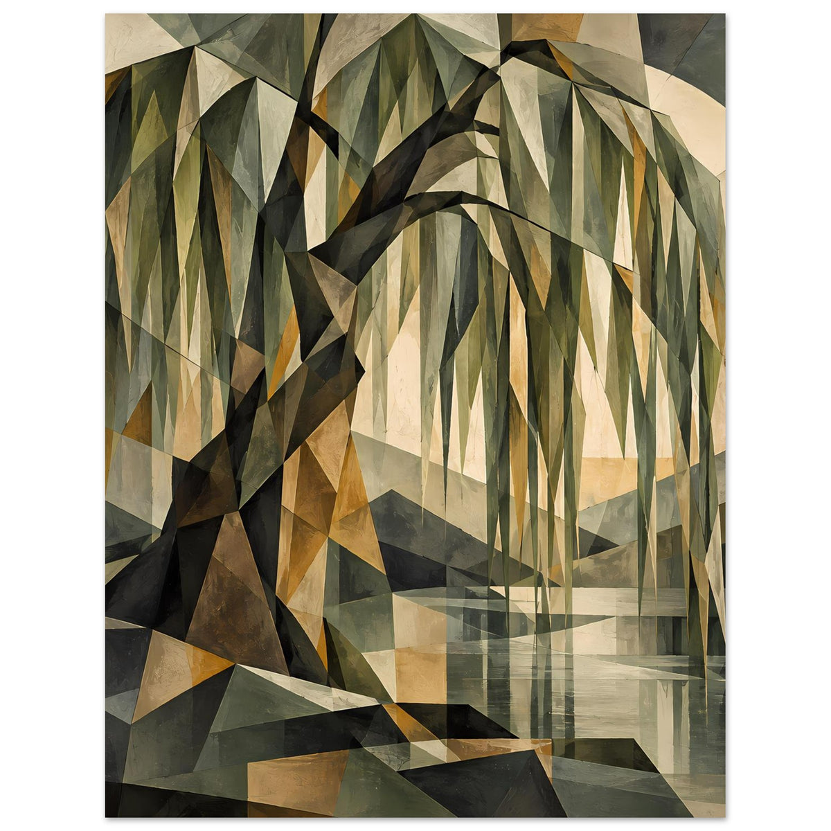 Poster mit geometrischem Weidenbaum, erdige Farbfelder in Grün, Braun und Beige, klarer Bildrand