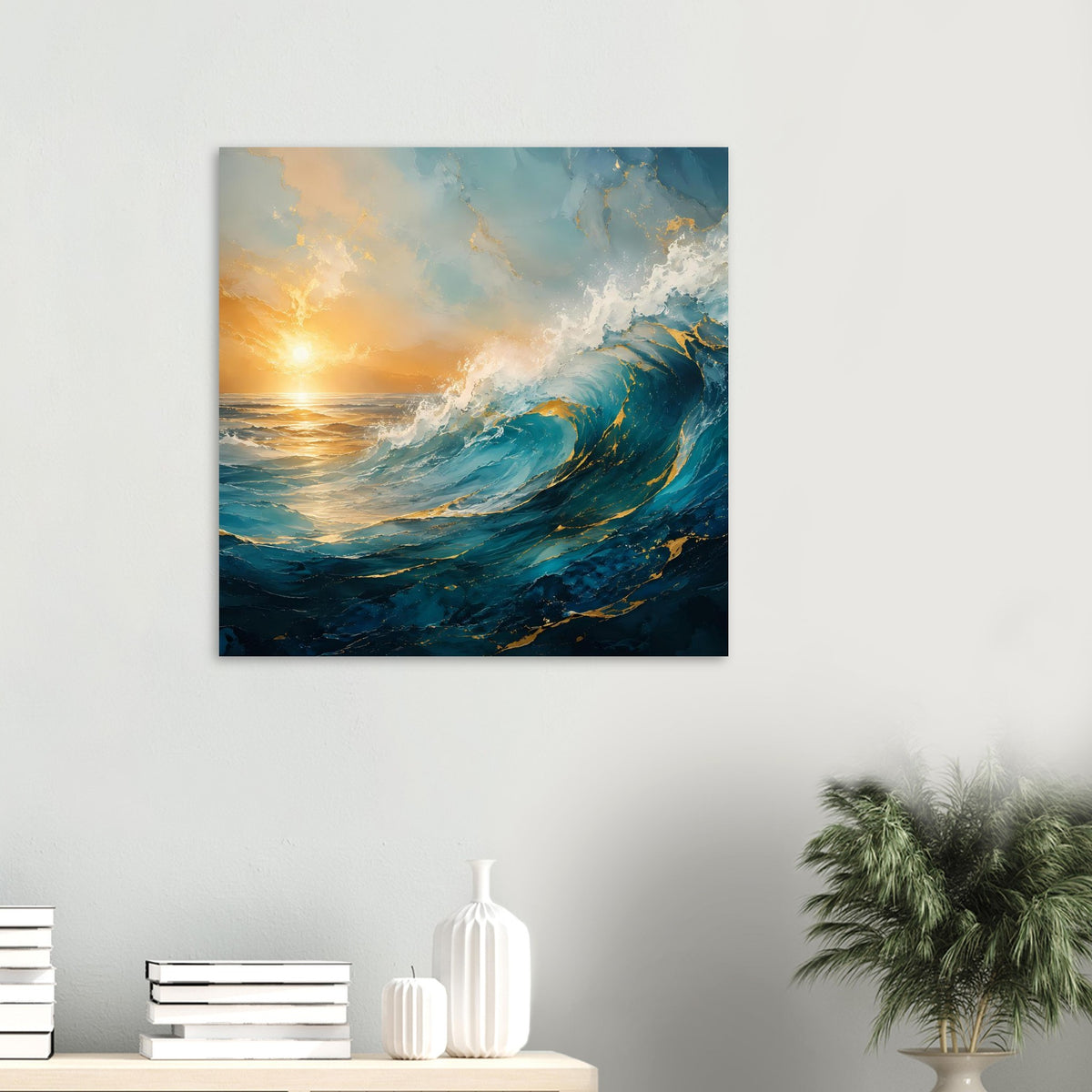 Wandposter mit Ozeanwellen, Sonnenaufgang und dramatischen Wolken