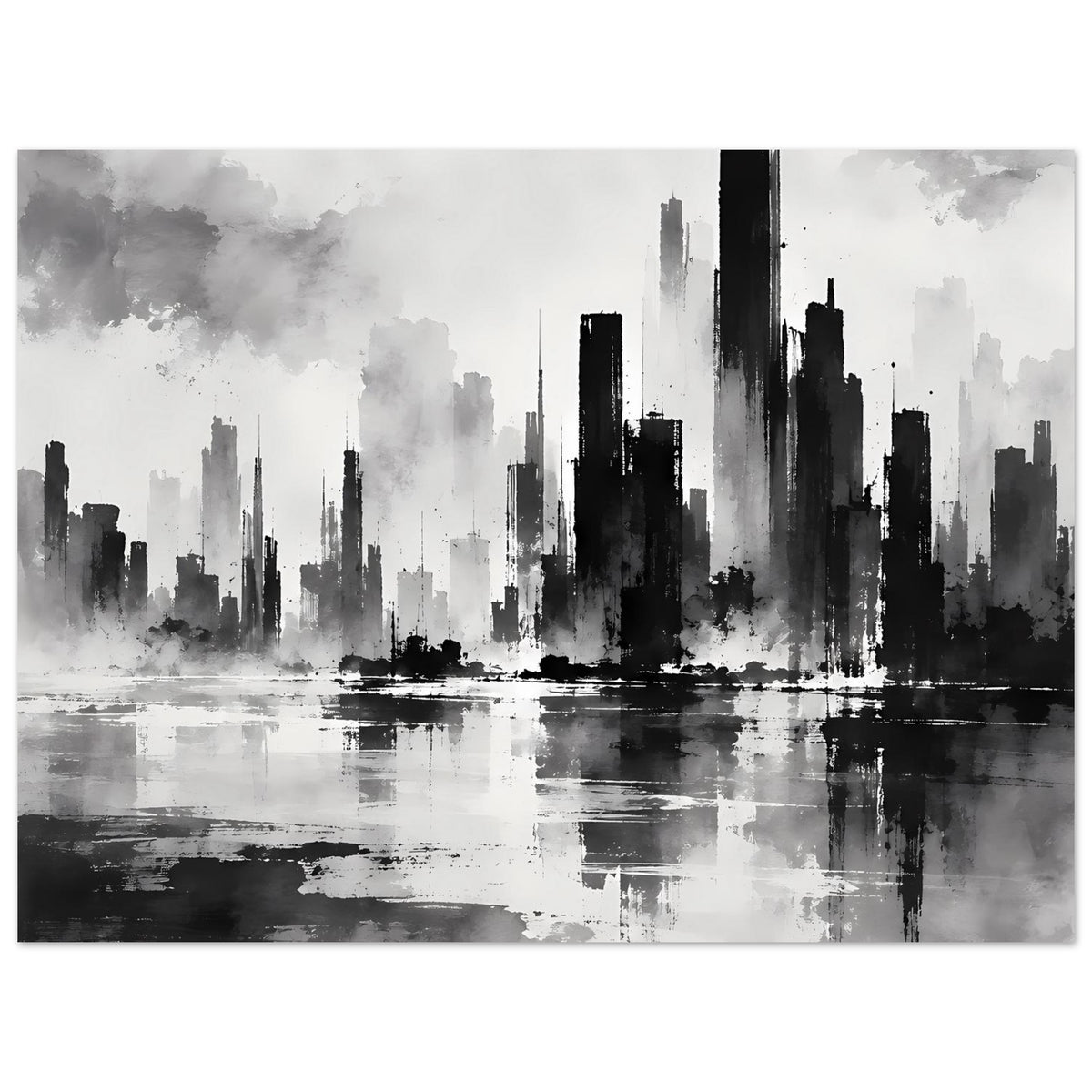 Schwarzweiß-Poster mit Skyline und Spiegelung im Wasser, horizontal, im Querformat