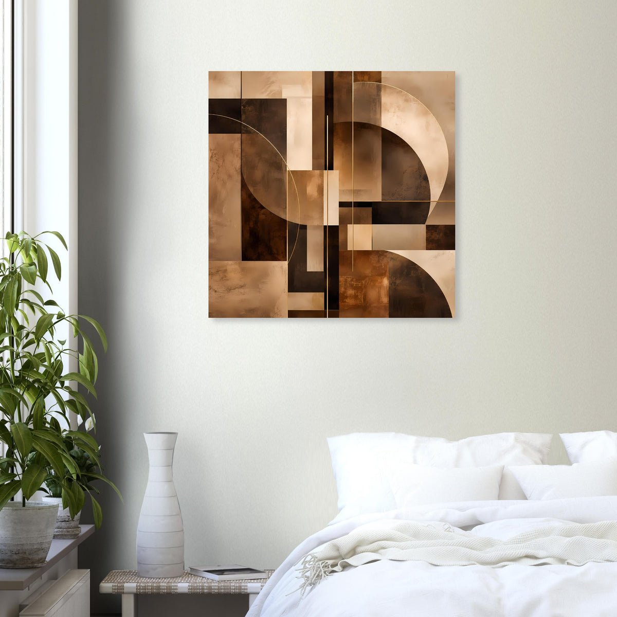 Abstraktes Poster mit warmen Braun- und Goldtönen, geometrische Blöcke und geschwungene Linien.