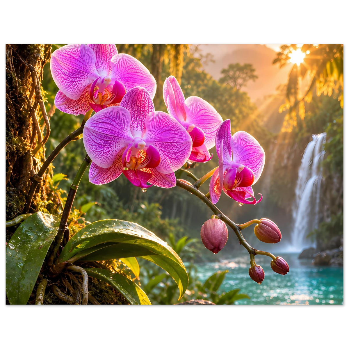 Naturposter mit pinken Orchideenblüten und Wasserfall am rechten Bildrand