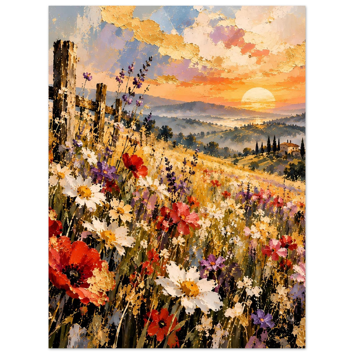 Landschaftsposter im Hochformat: bunte Blüten am Feldweg, Abendrot mit Sonne über Hügeln