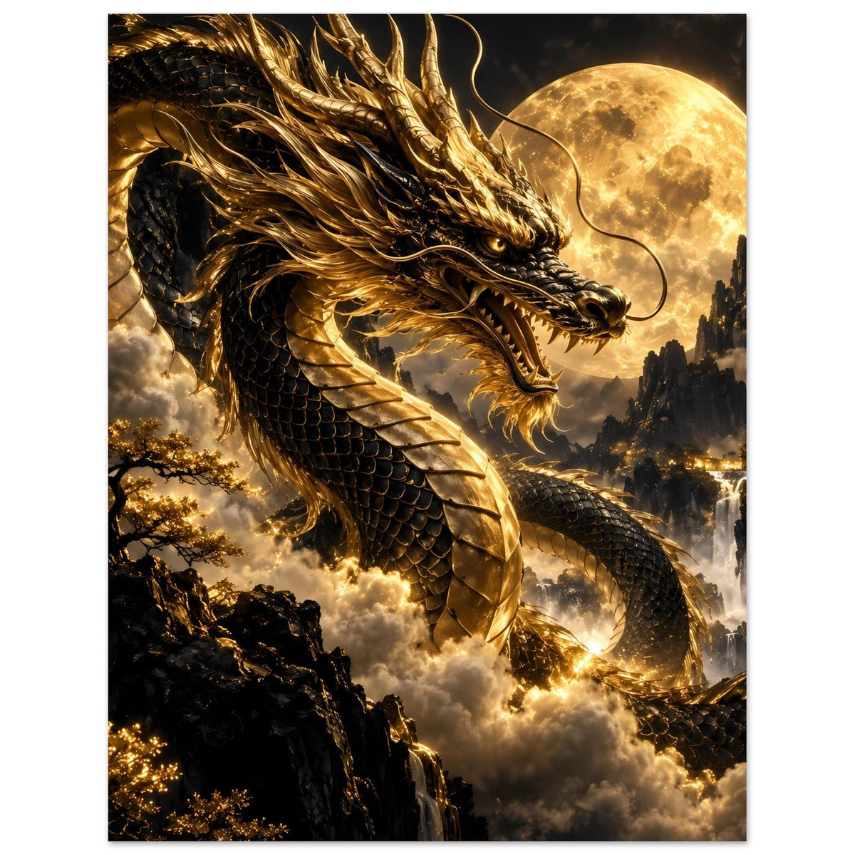 Vertikales Poster mit goldenem Drachenkopf, Schuppenflügeln und Vollmond