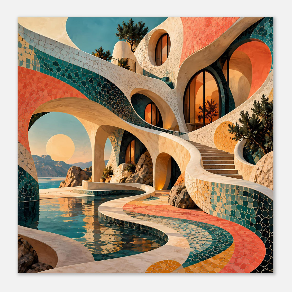 Kunstposter: Mosaikarchitektur mit geschwungenem Wasserweg und türkis-korallenem Farbverlauf