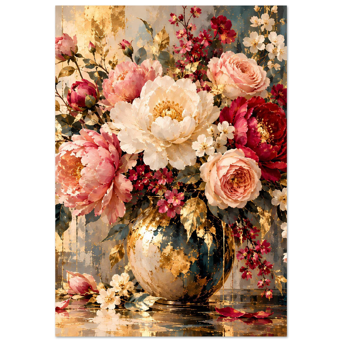 Blumenposter mit üppigem Rosenstrauß in Vase, cremeweiße, pinke und rote Blüten
