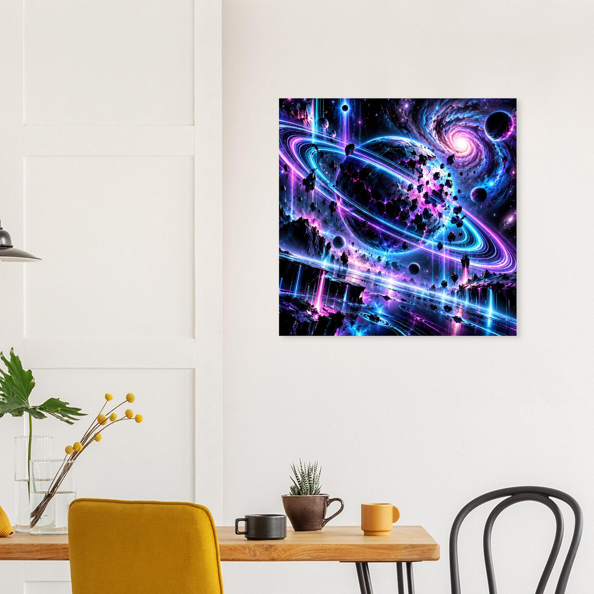 Quadratisches Poster mit futuristischer Raumkulisse, leuchtenden Ringen in Blau und Lila