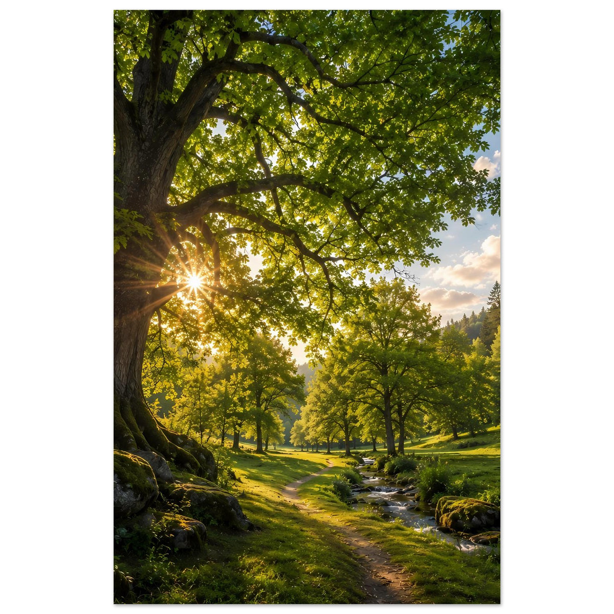 Waldweg-Poster im Hochformat: großer Baum, Sonnenaufgangslicht und grüner Pfad