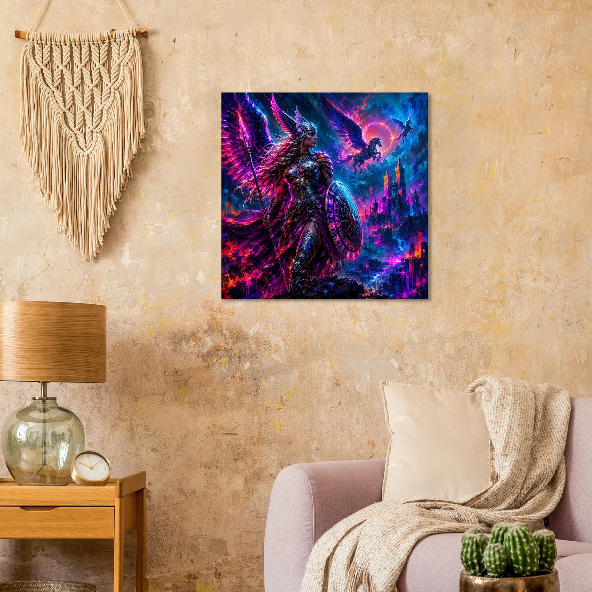 Quadratisches Fantasy-Poster mit Valkyrie-Kriegerin, bunten Lichteffekten und dunklem Hintergrund