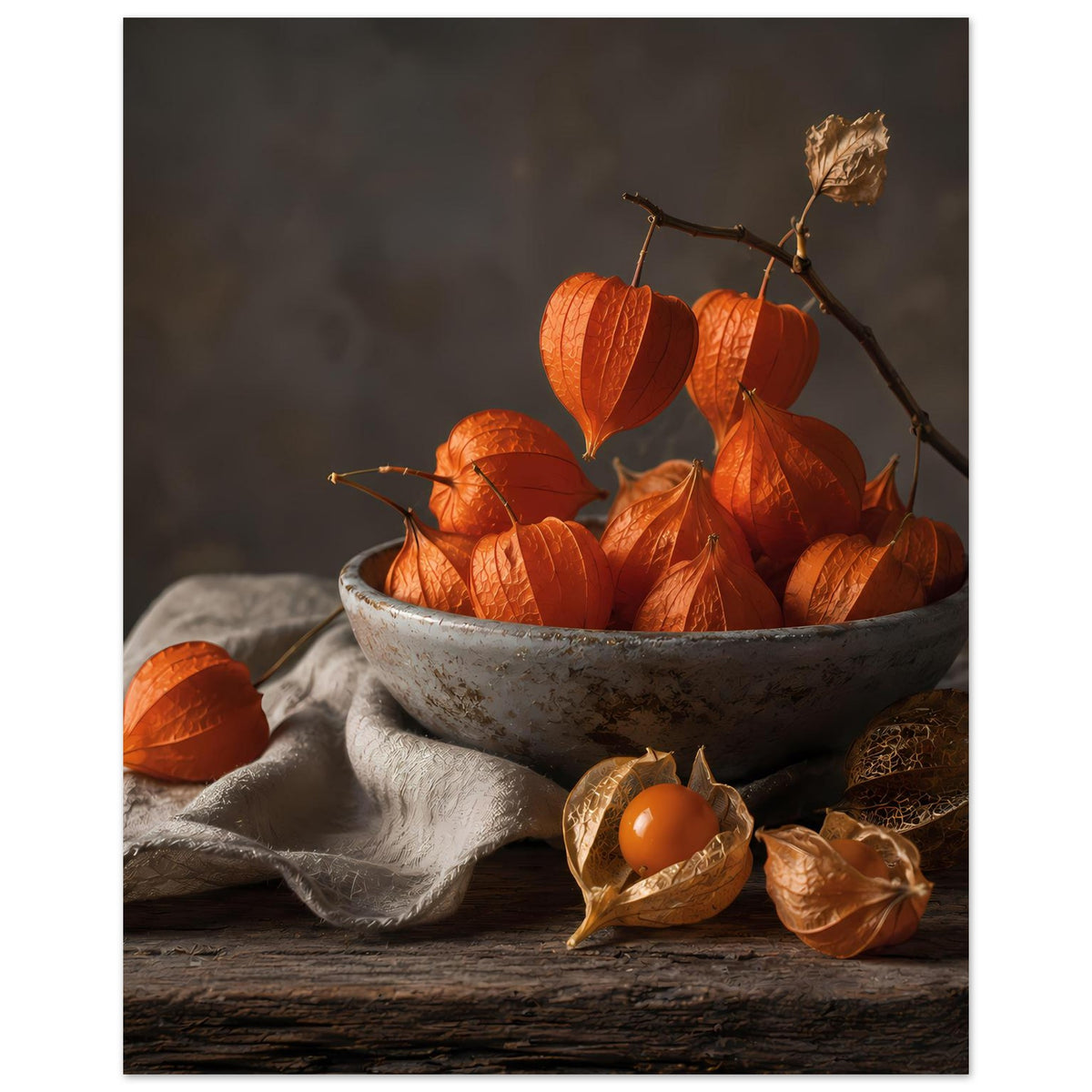 Herbstliches Poster: graue Schale mit orange Lampionfrüchten, Zweig über der Schale