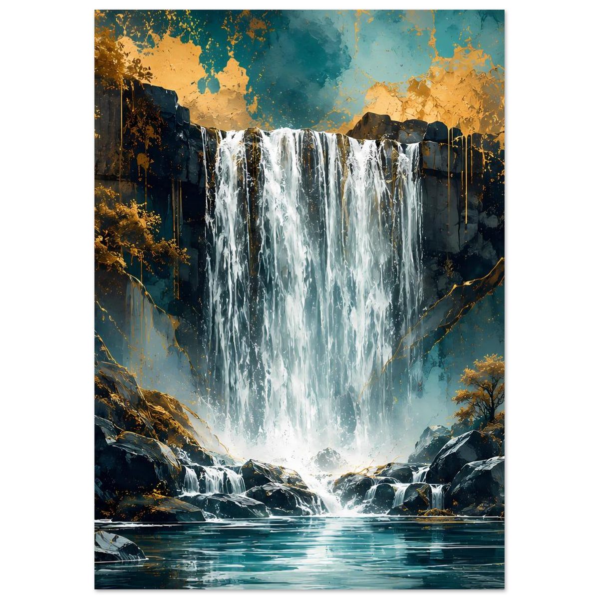 Wasserfall-Poster im Hochformat: Wasserfall über Steinen, türkisblaues Wasserbecken