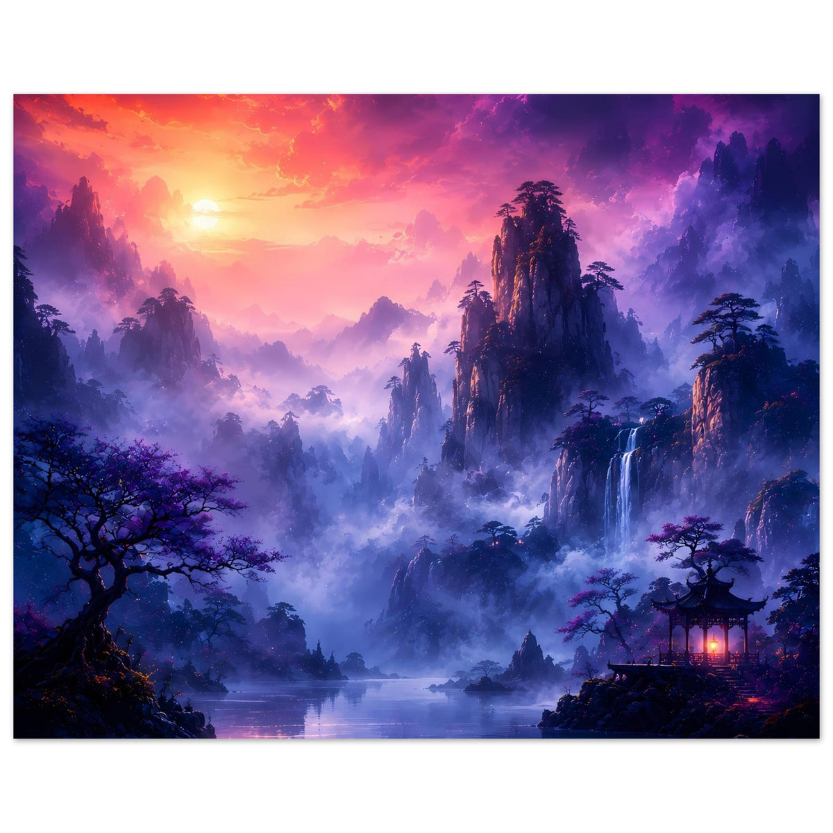 Fantasy-Poster im Querformat: leuchtender Sonnenuntergang, Nebelberge, See, Wasserfall und Bäume