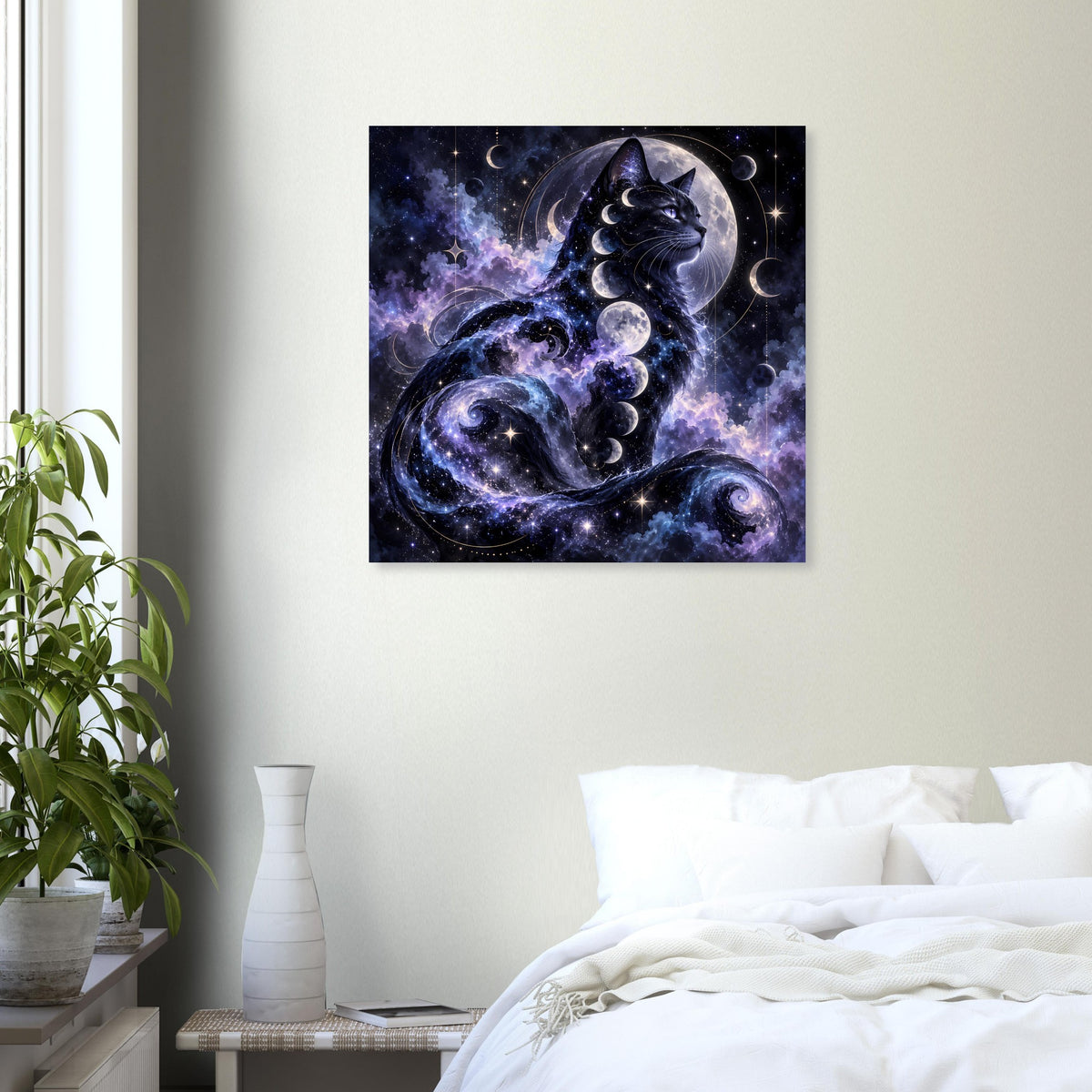 Poster mit kosmischer Katze, Mondphasen und Sternenwirbeln, quadratisch, schwarzer Rahmen