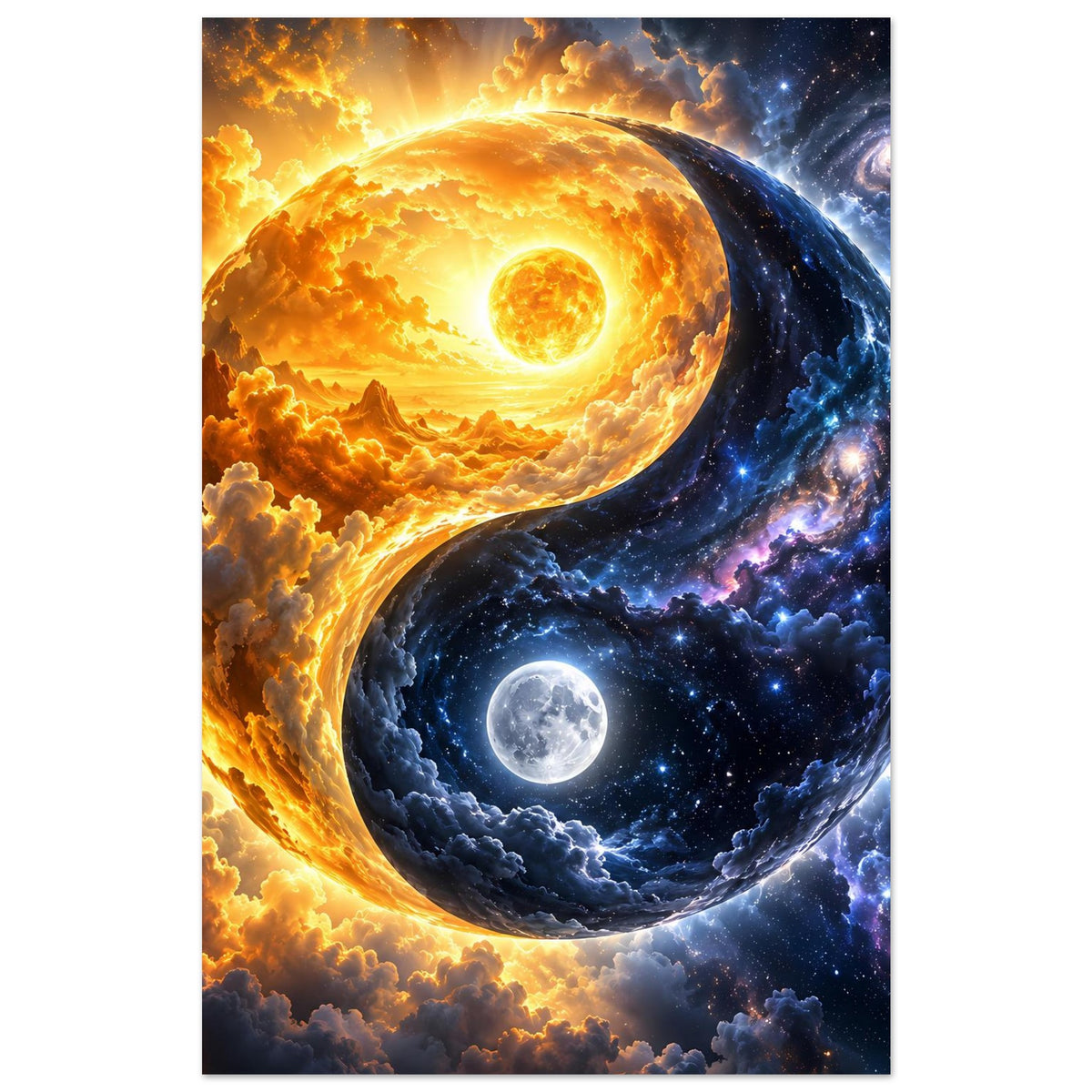 Kosmos-Yin-Yang-Poster, hochformatig: Sonne links, Mond unten, umgeben von Wolken