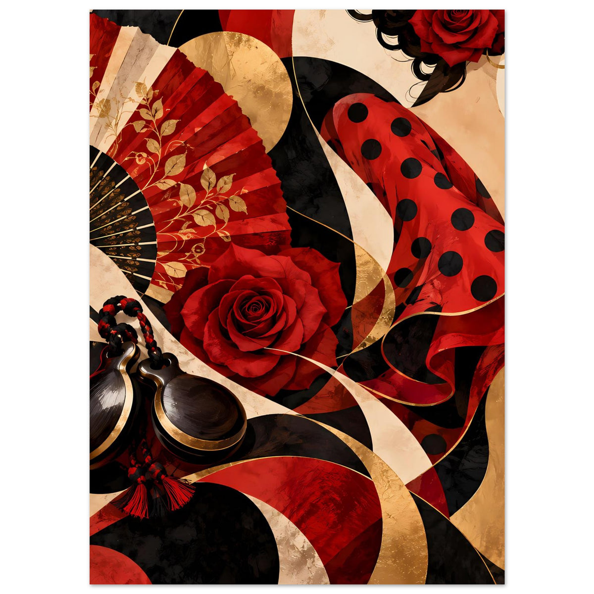 Flamenco-Poster im Hochformat: Fächer, rote Rose, gepunkteter Rock und Hörner