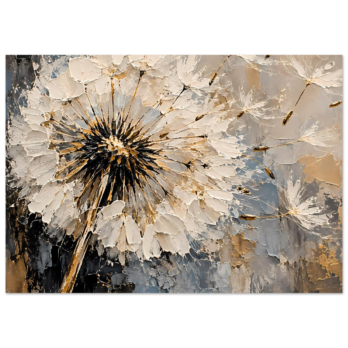 Breites Poster mit Pusteblume, Textur aus Spritzern und Rissen in Beige, Blau und Gold