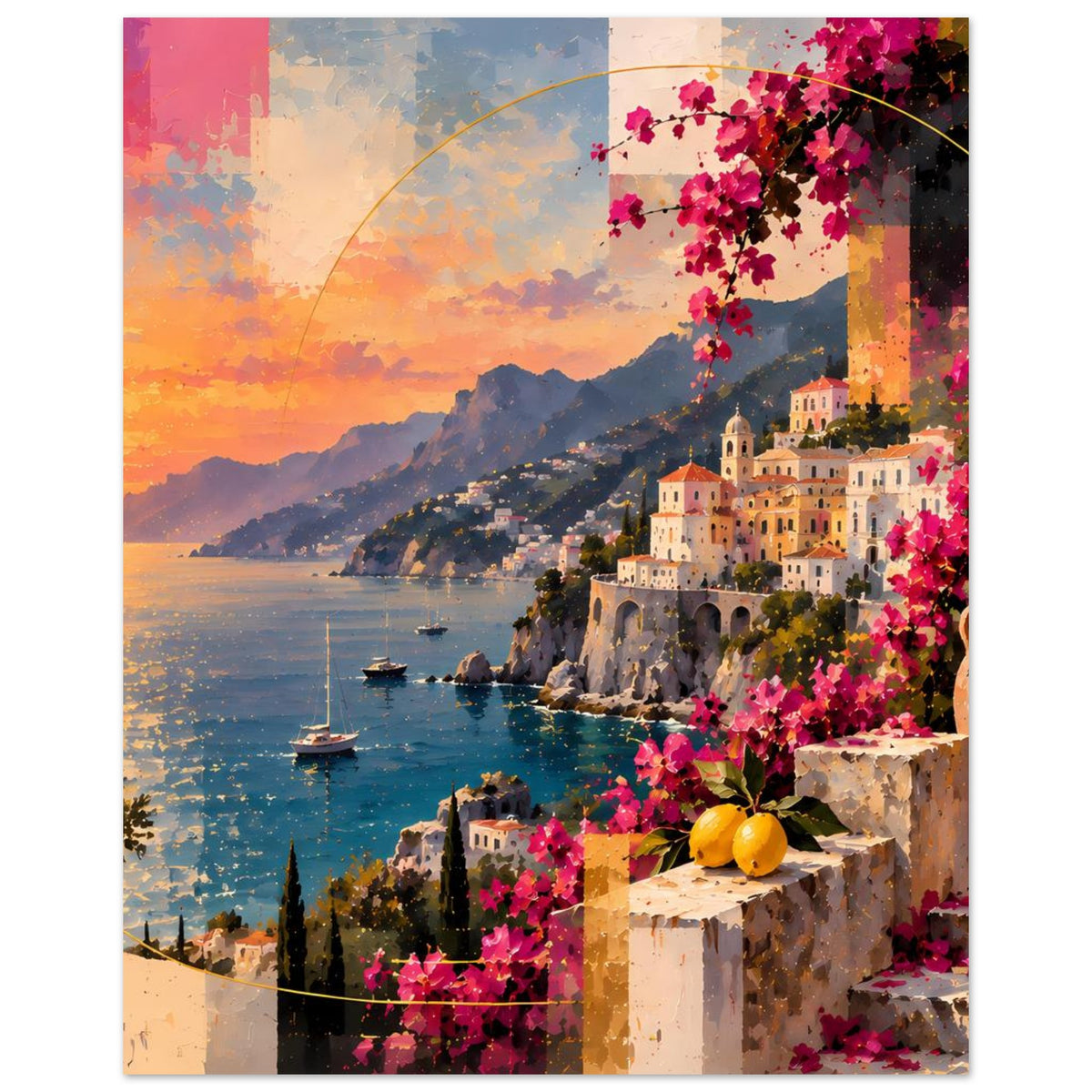 Poster mit mediterraner Hafenlandschaft: Sonnenuntergang, Boote, Häuser am Wasser und pinke Blütenranken