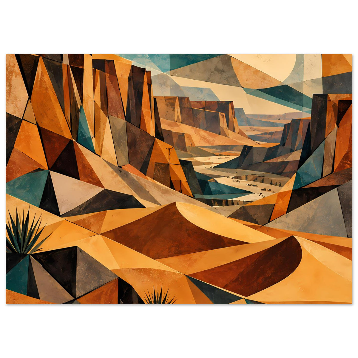 Wüstenlandschaft-Poster im Querformat mit geometrischem Wüstenbild in warmen Erdtönen, gerahmt.