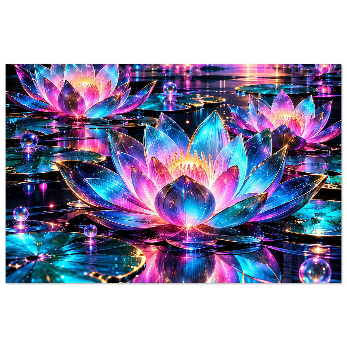Neon-Lotus-Poster im Querformat mit bunten Blüten und spiegelndem Lichteffekt.