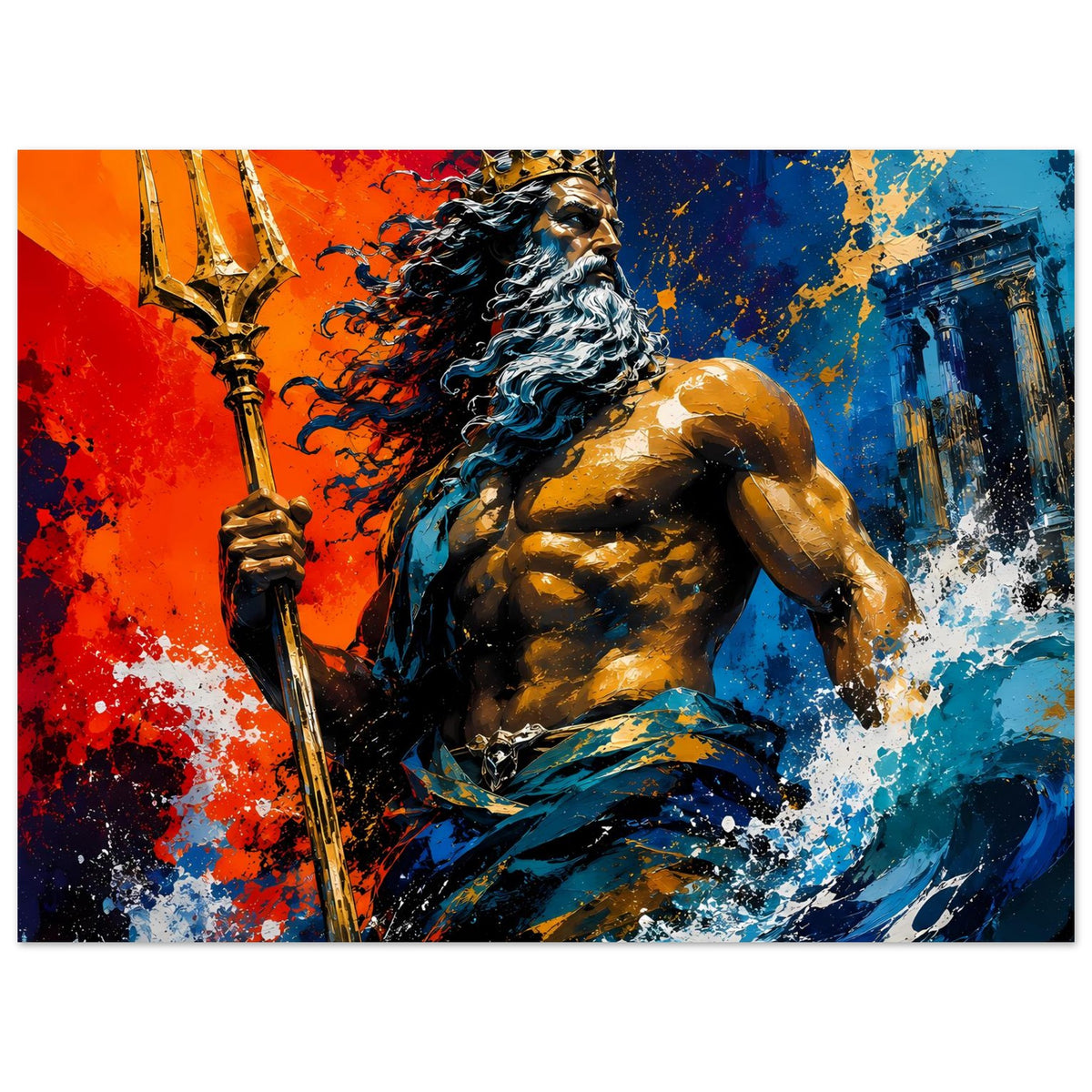 Vertikales Poster: Poseidon-Figur mit Dreizack, dunkle Haare, kräftiges Rot-Blau Artwork