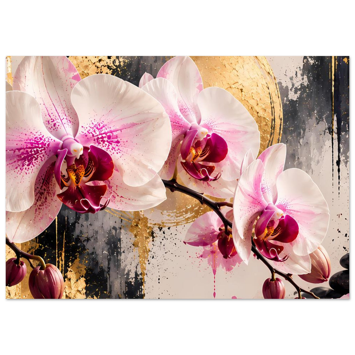 Orchideen-Poster mit weißen Blüten, pinken Schatten und goldener Lichtspur