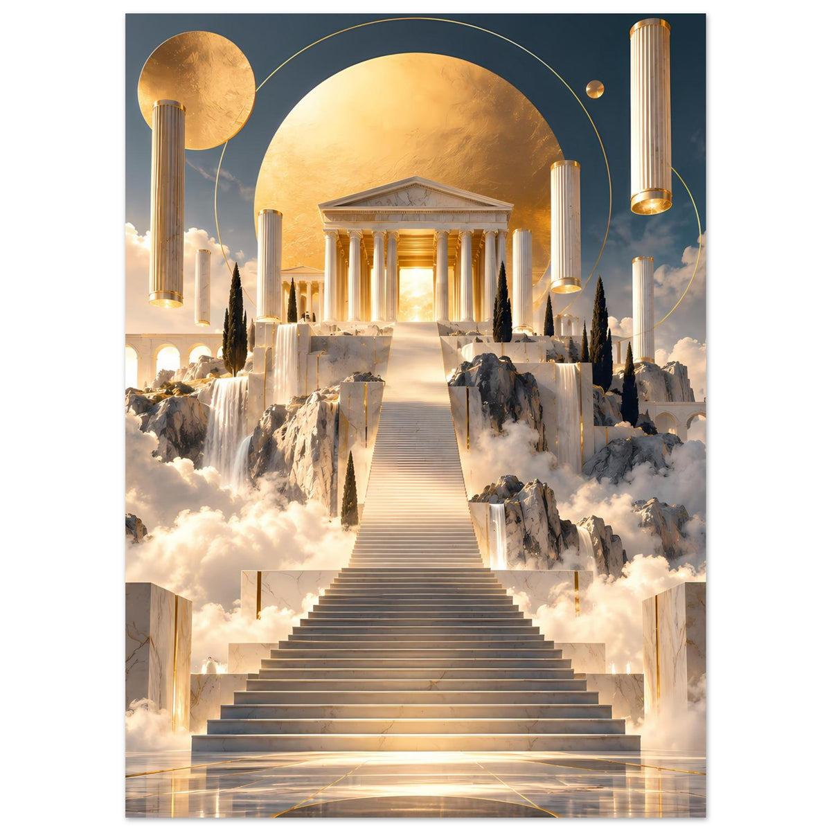 Wandposter: goldene Säulen, breite Treppe in die Tiefe, Wolken und Rundportal im Hintergrund