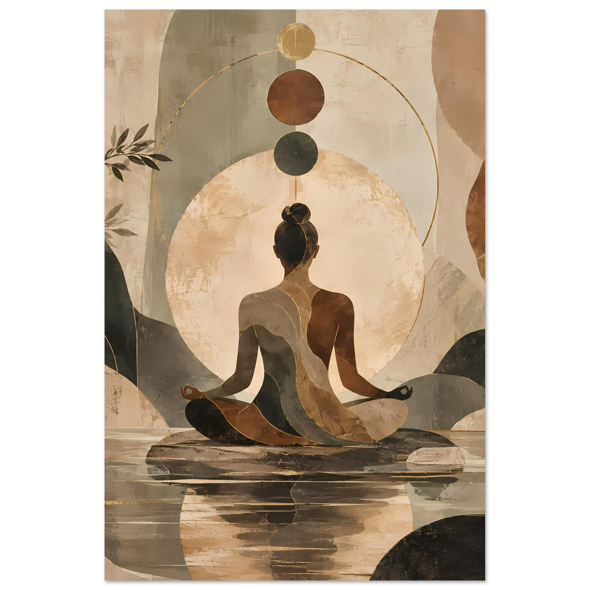 Meditatives Abstract-Poster mit sitzender Yoga-Figur und Kreisformen in Erdtönen