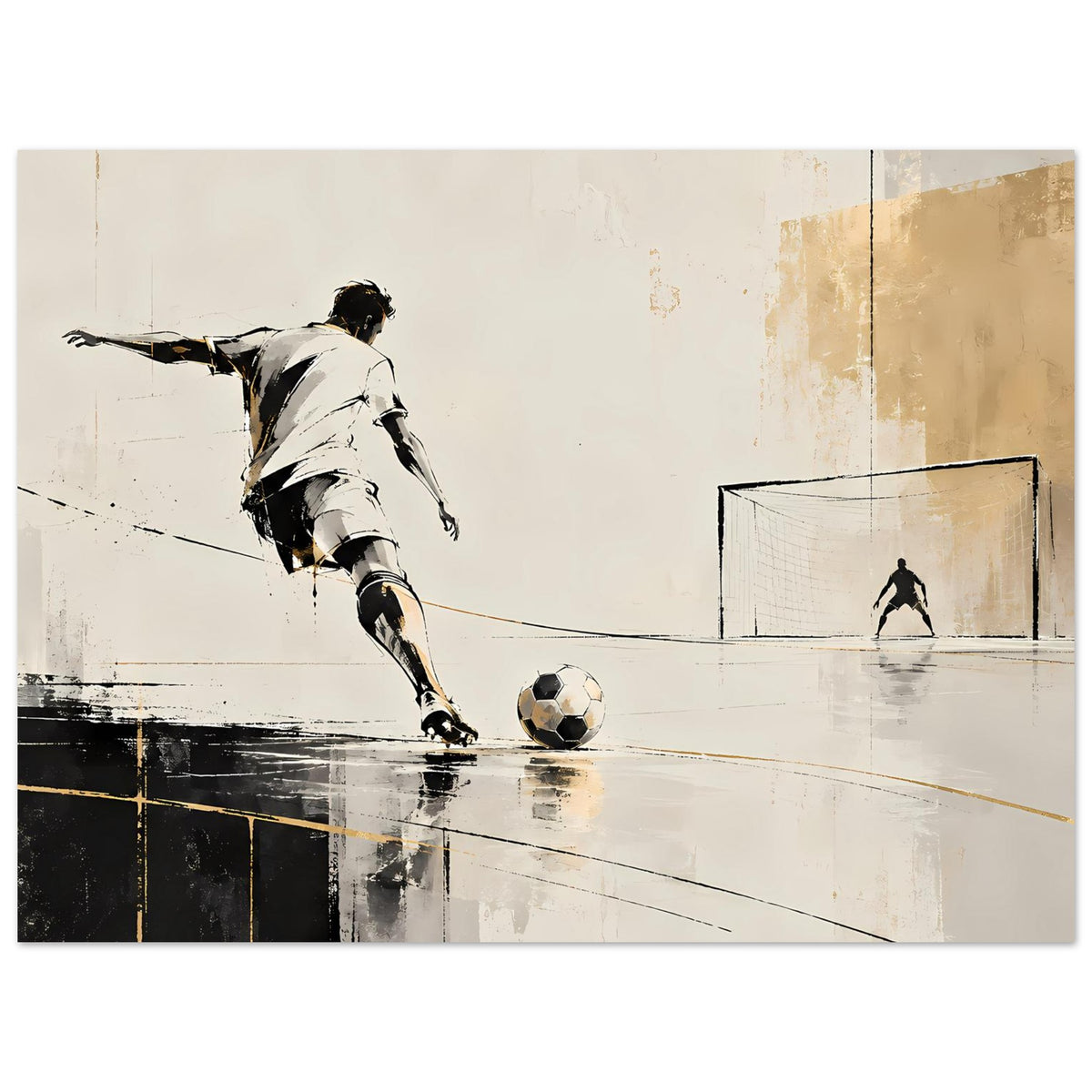Fußballposter im Querformat: dynamischer Läufer, Ball im Vordergrund, Tor im Hintergrund