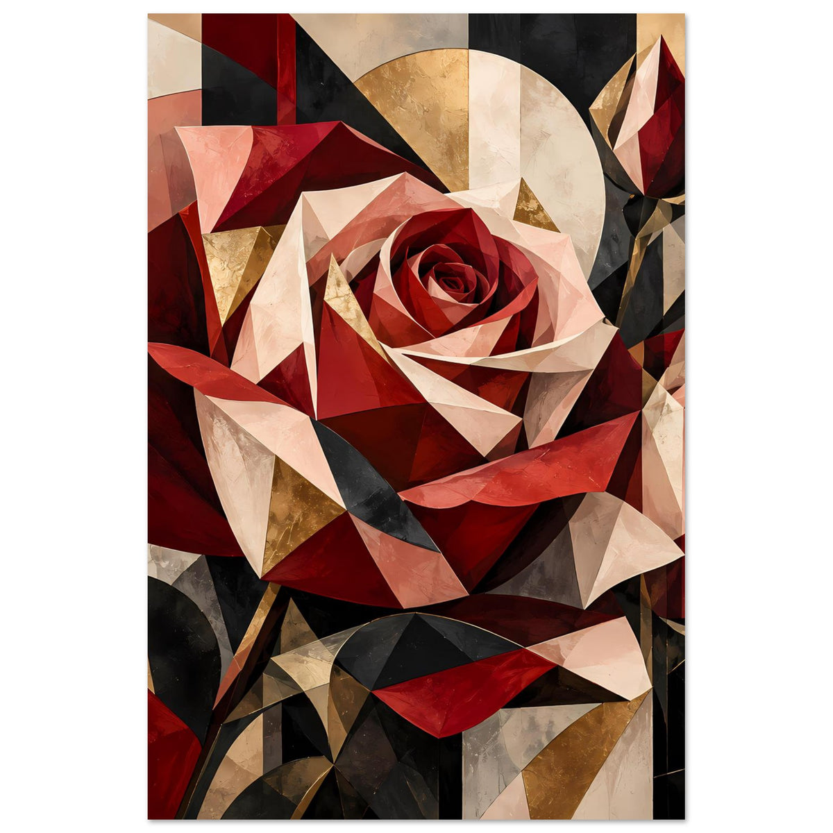 Hochkant-Wandposter mit geometrischer Rose in Rot, Gold und Beige, rechteckige Bildfläche