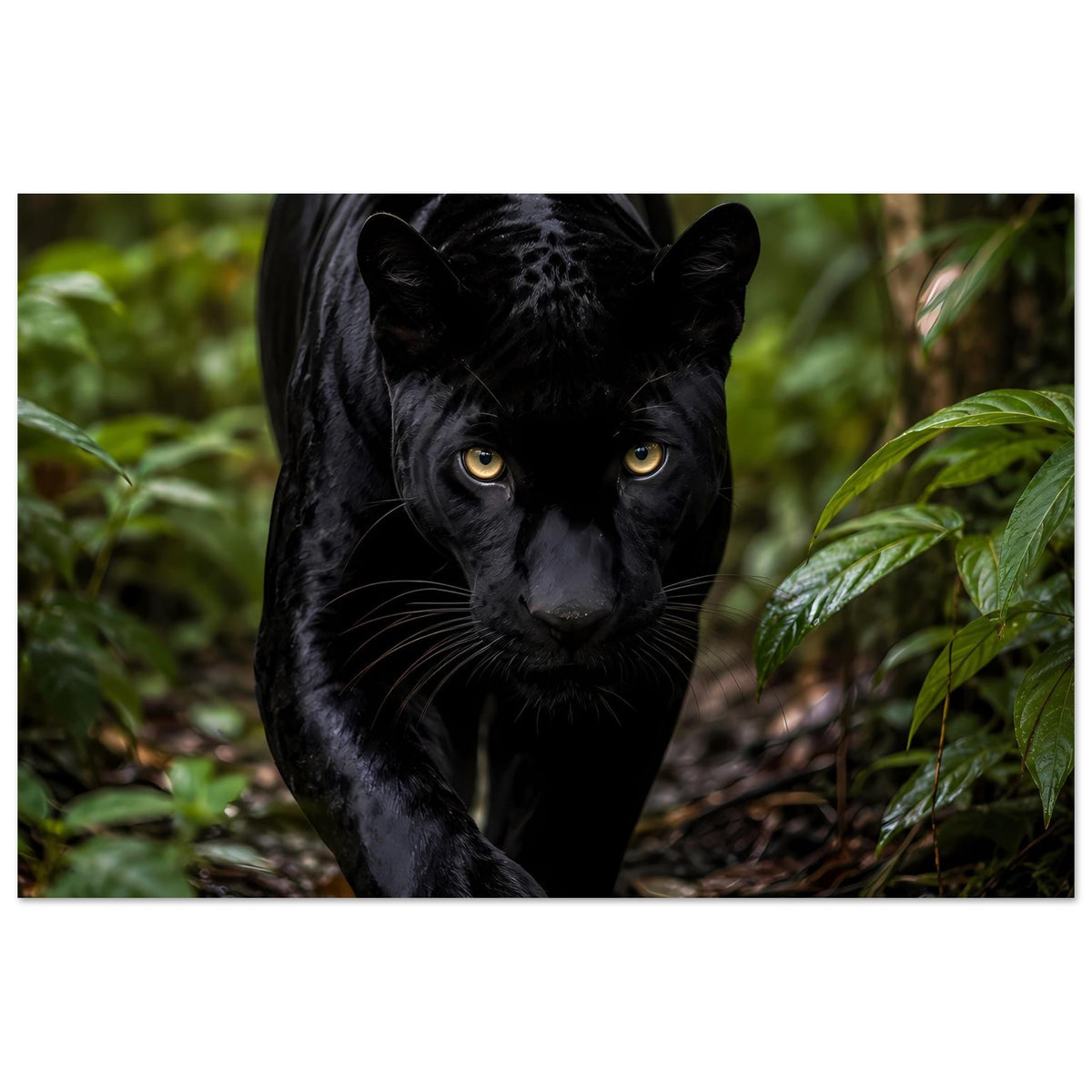 Poster mit schwarzem Panther, Nahaufnahme im Wald, gelbe Augen