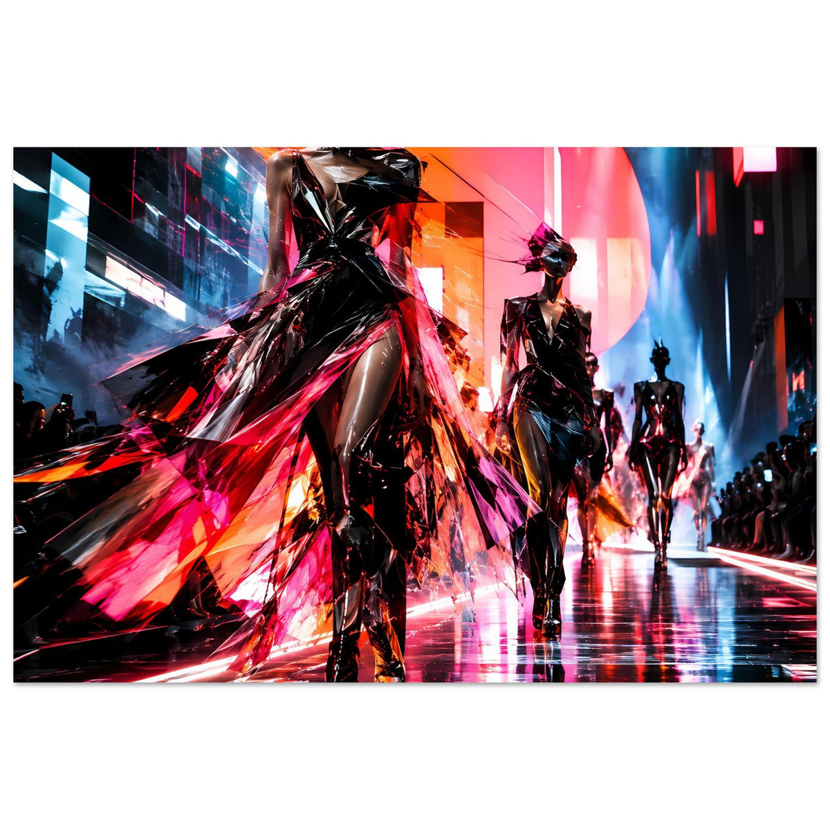 Neon-Fashion-Poster mit stehenden Laufsteg-Silhouetten, schwarze Outfits mit Neon-Rot und Pink