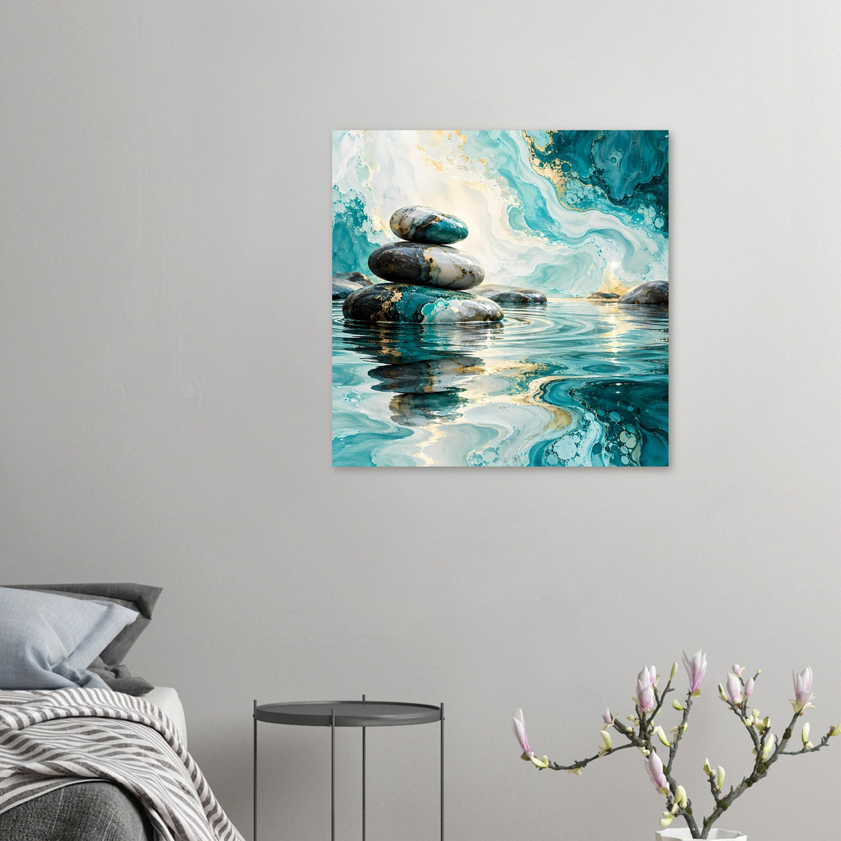 Zen-Poster im Querformat: drei Marmorsteine im türkisblauen Wasser mit hellen goldenen Akzenten