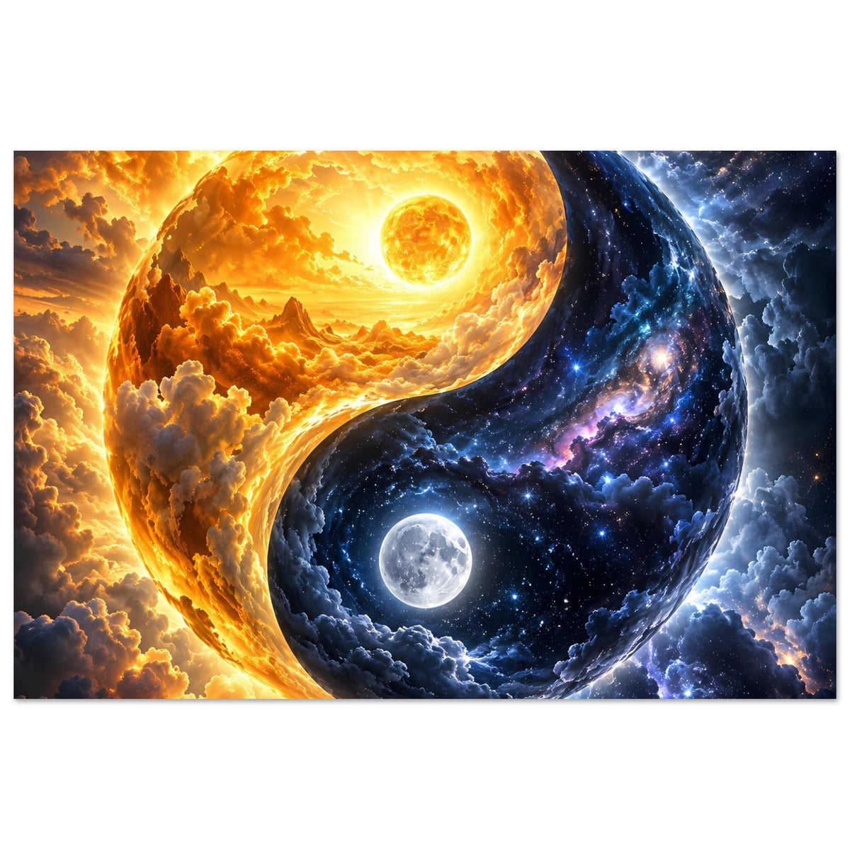 Cosmos-Yin-Yang-Poster mit leuchtender Sonne und blauem Sternensog, gerahmt