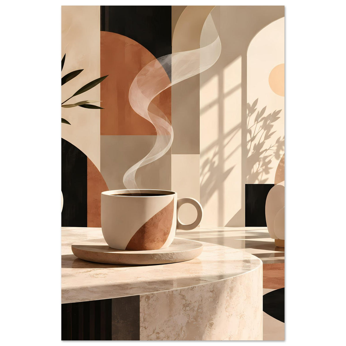 Vertikales Poster: Tasse auf Untertasse auf hellen Flächen, Blättervase und abstrakte Formen