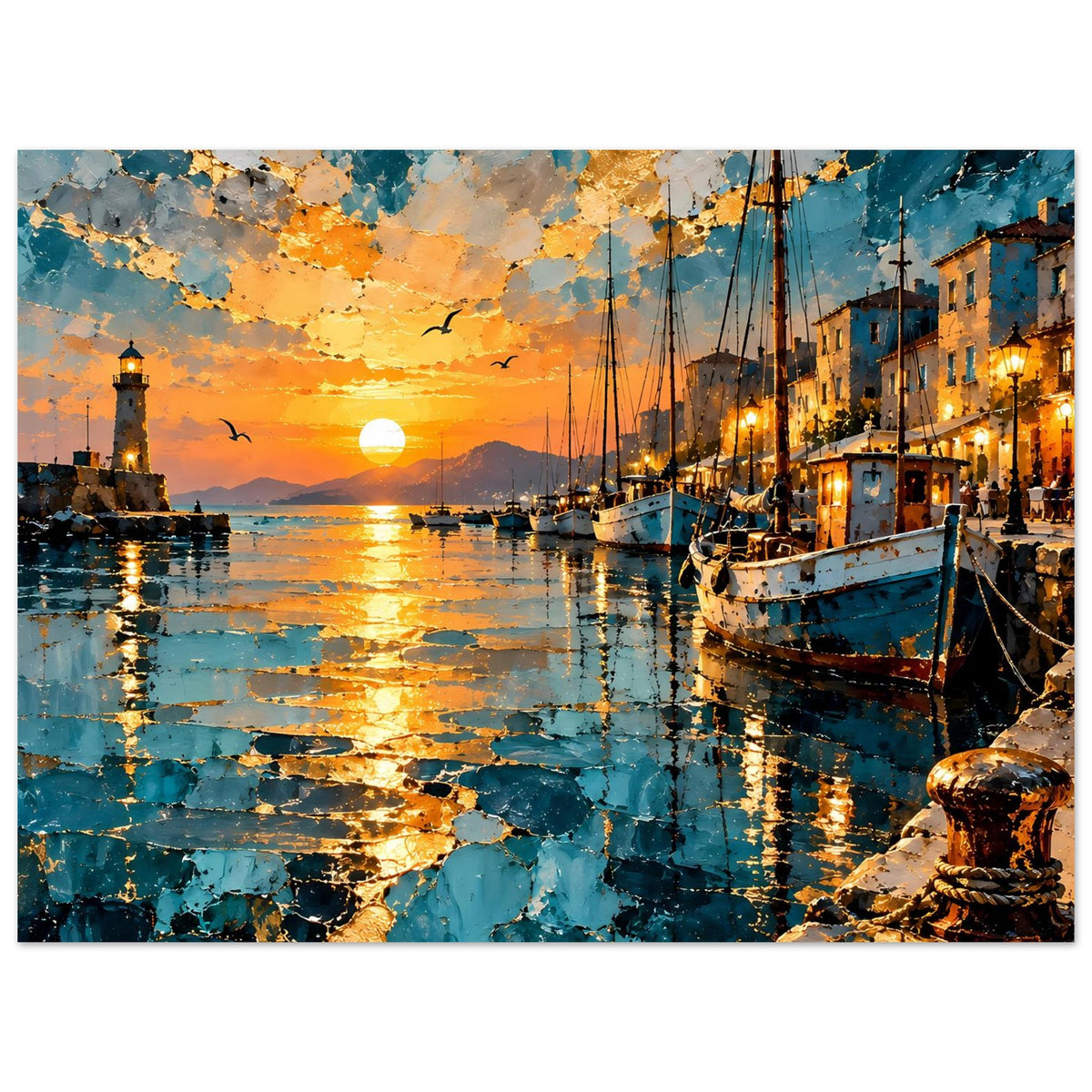 Hafen-Szenenposter mit Sonnenuntergang: gelb-orange Sonne, Wasserreflexe und Segelboote rechts