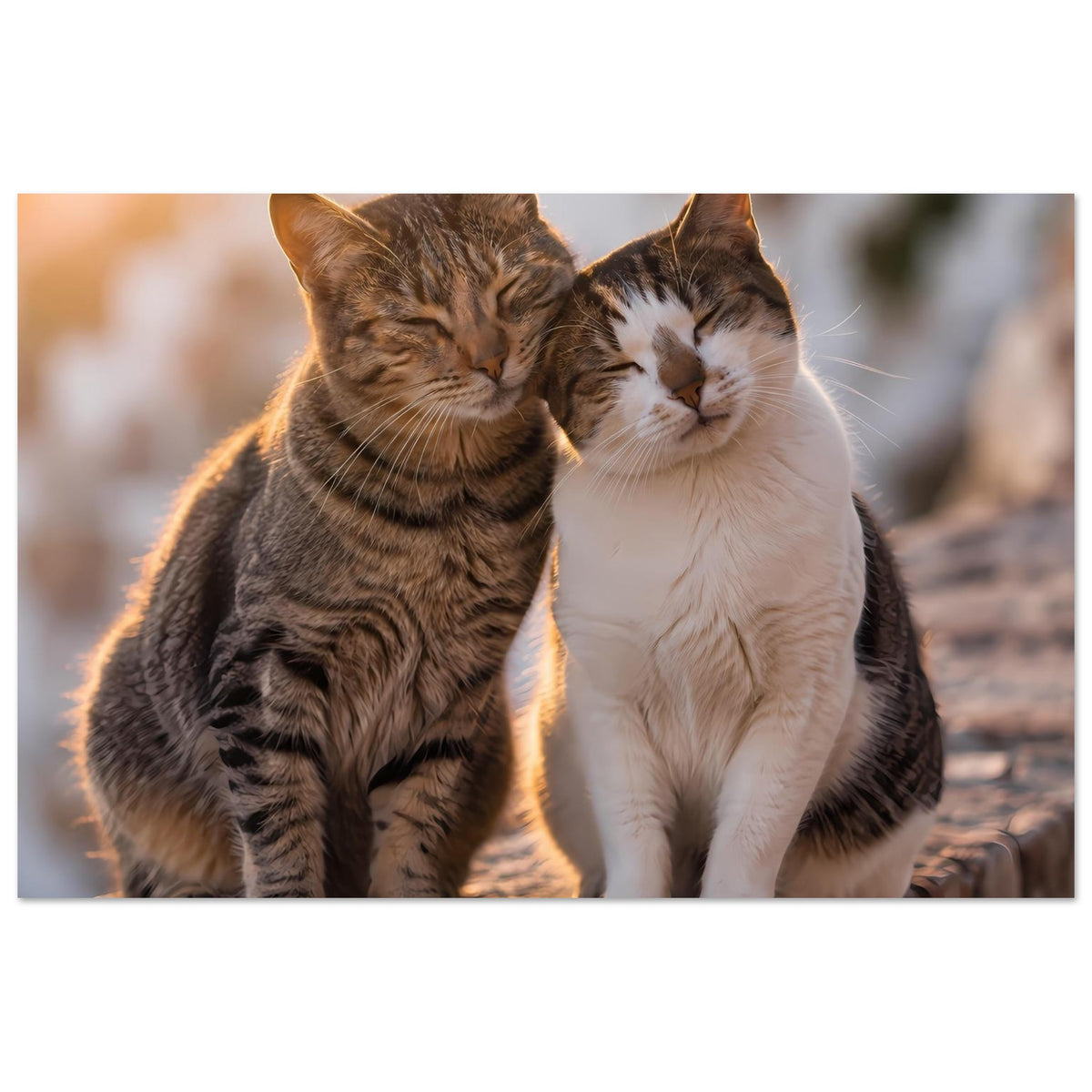 Querformat-Poster mit zwei kuschelnden Katzen, grau getigert und weiß, Gesicht eng zusammen