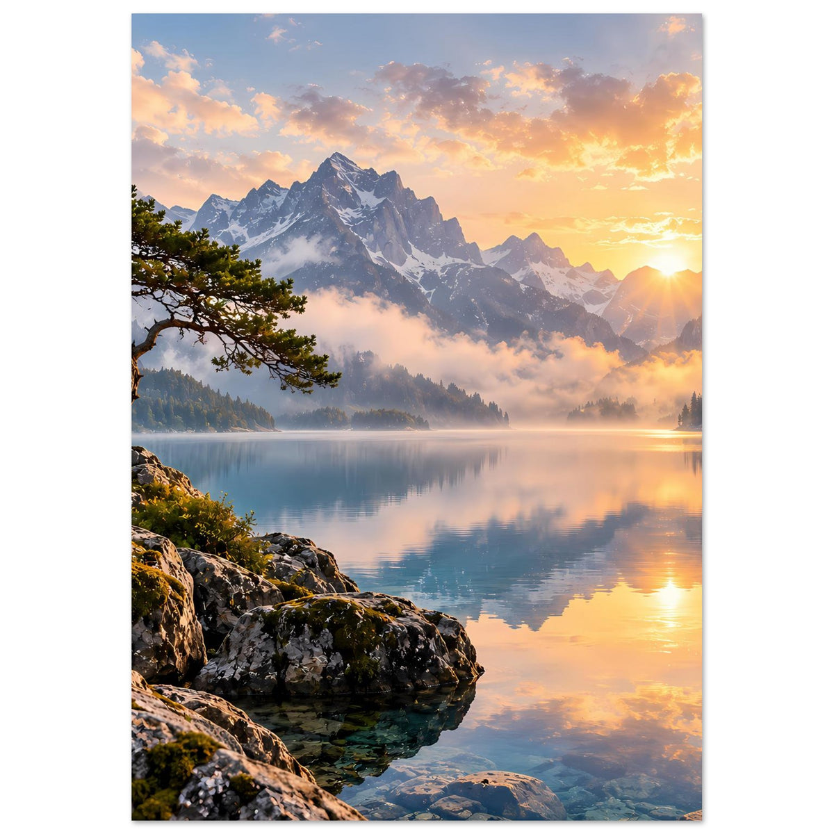 Poster im Hochformat mit Bergkette, Sonnenaufgang und reflektierendem See im Vordergrund