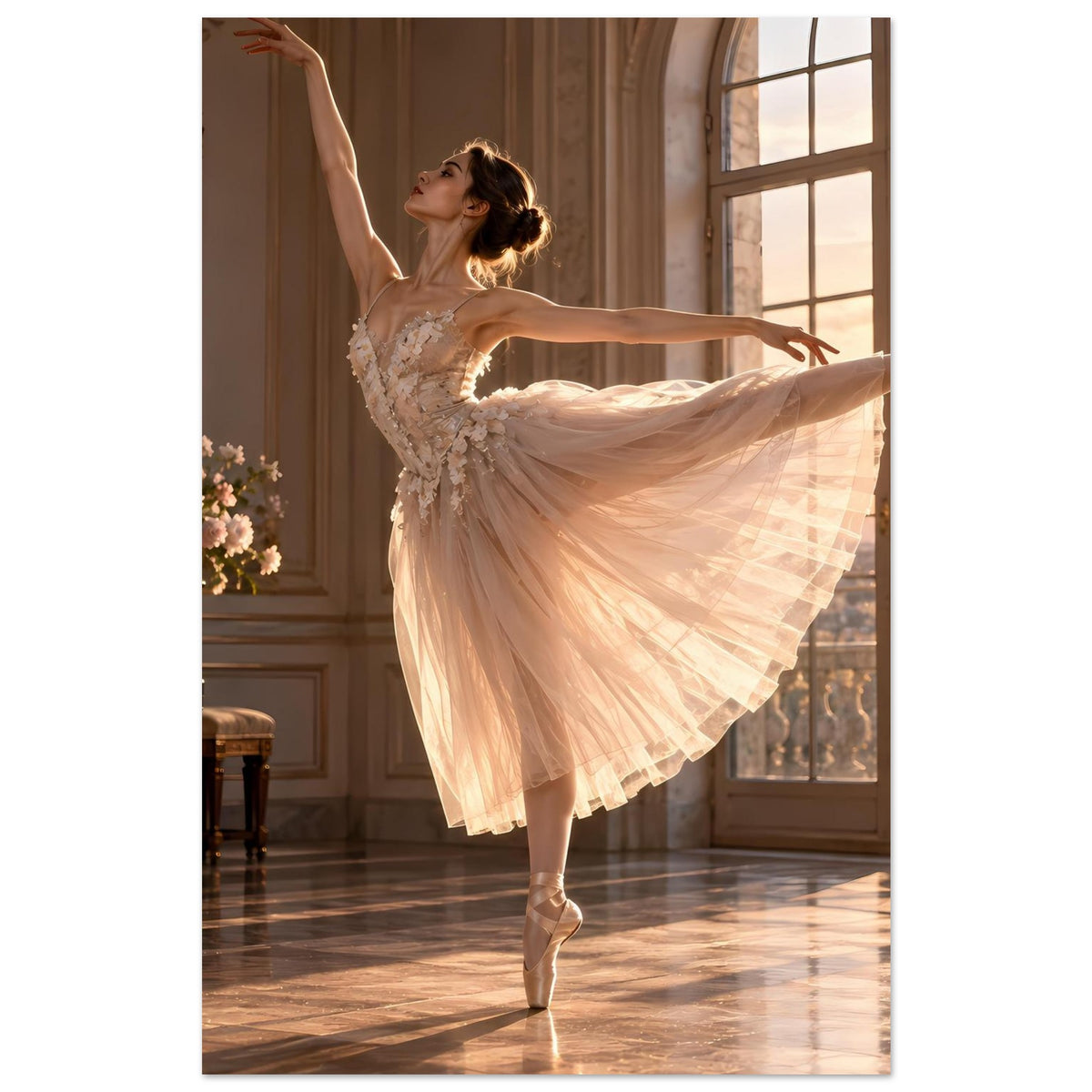Poster mit Ballerina im hellen Tüllkleid, ausgewogener Stand auf den Fußspitzen, Arme erhoben