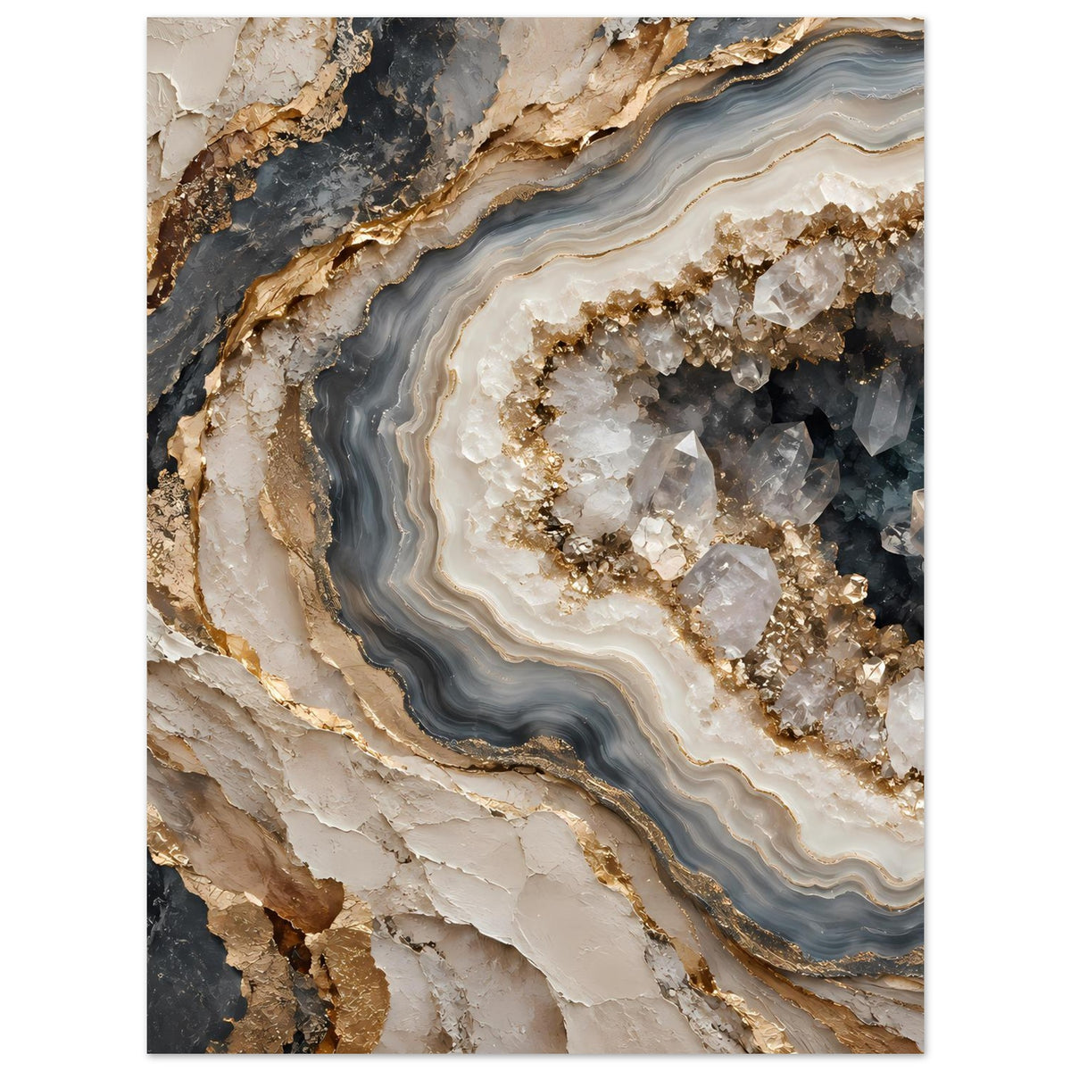 Geoden-Poster im Hochformat: geschichtete Gesteinsfläche mit goldenen Glitzerkanten