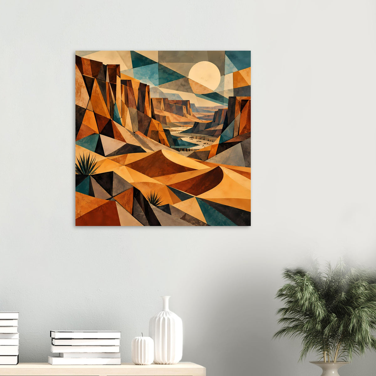 Wüstenlandschaft-Poster im Querformat: geometrische Desert-Komposition in warmen Orange- und Türkistönen, gerahmt.