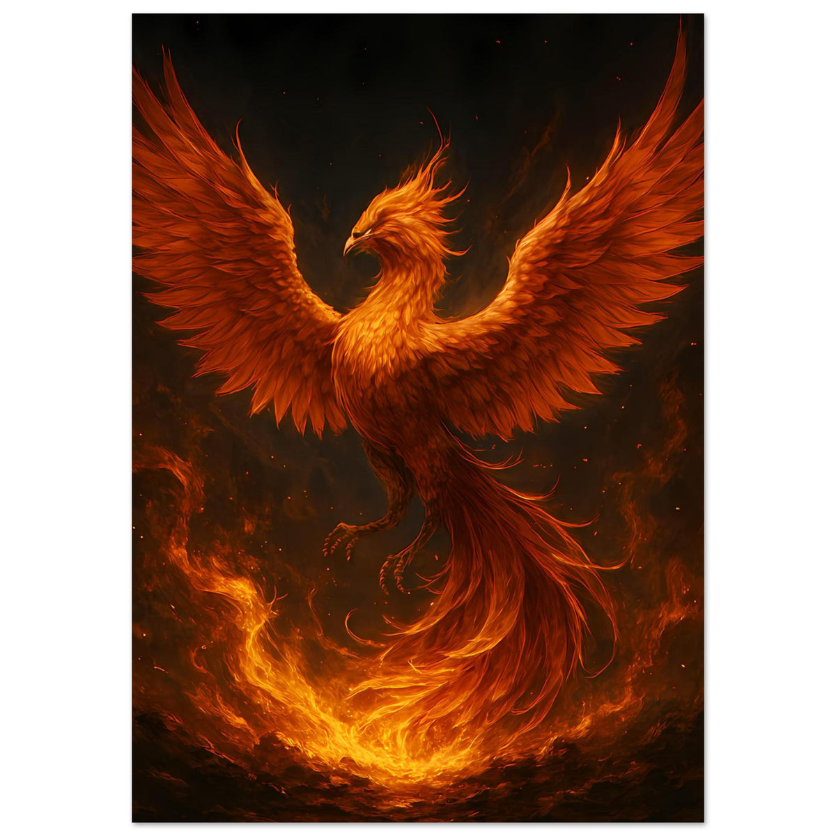 Feuriges Phönix-Poster (Hochformat) mit gold-orange Phönix und züngelnden Flammen
